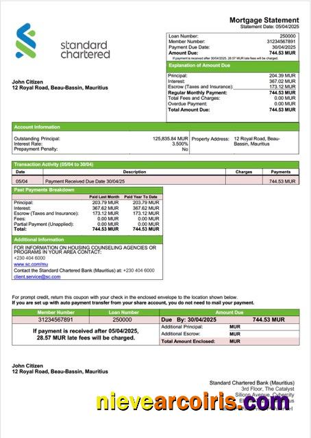 Mauritius Standard Chartered Bank (Mauritius) mortgage statement Word and PDF template